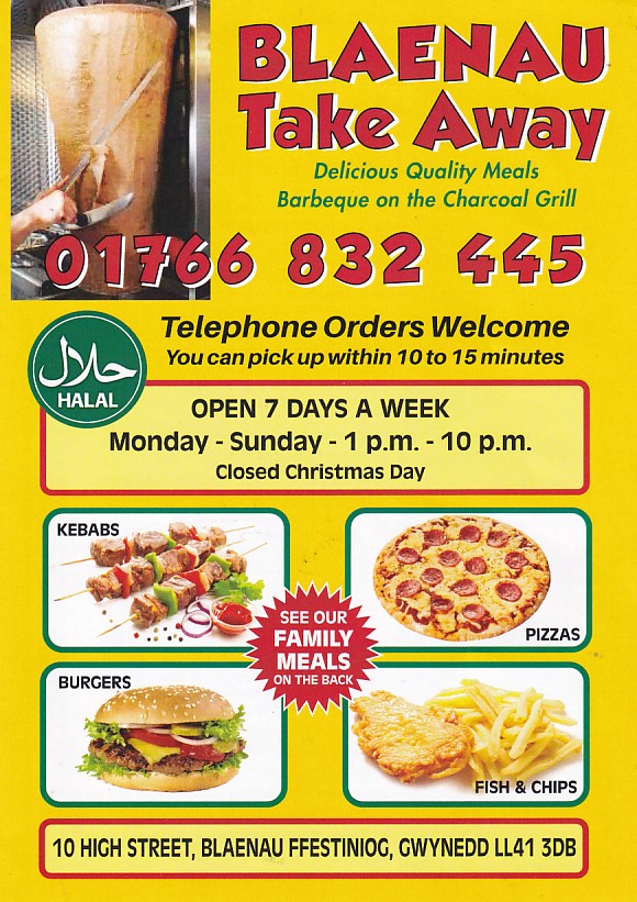 Menu of Blaenau Takeaway