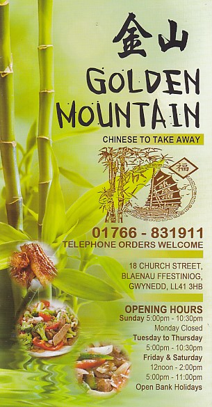 Menu of Golden Mountain Chinese takeaway Blaenau Ffestiniog