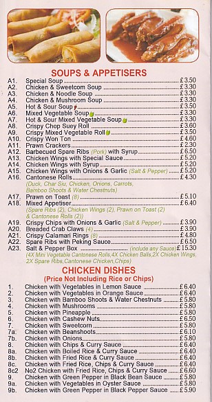 Menu of Golden Mountain Chinese takeaway Blaenau Ffestiniog