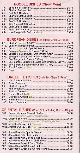 Menu of Golden Mountain Chinese takeaway Blaenau Ffestiniog