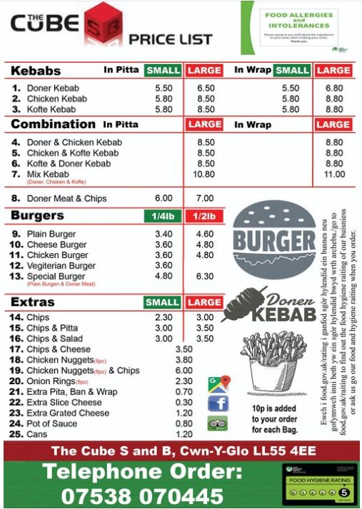 Menu of Cube S and B in Cwm y Glo