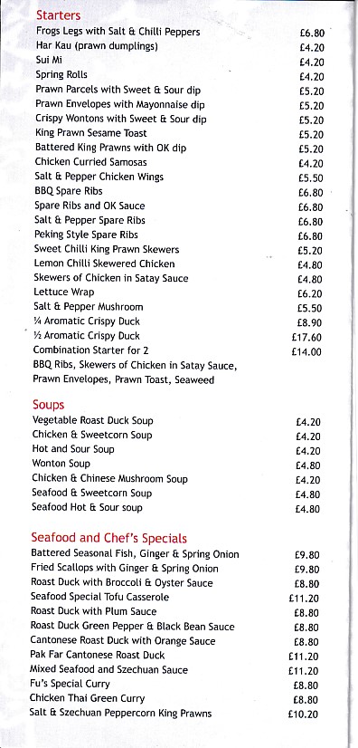 Menu of Fu's Chinese Caernarfon