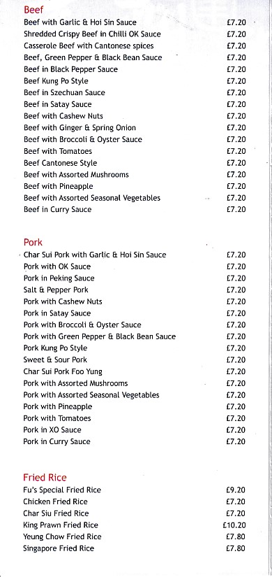 Menu of Fu's Chinese Caernarfon