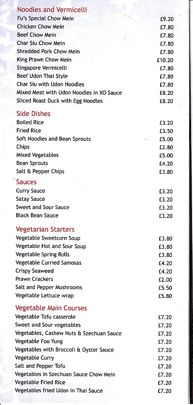 Menu of Fu's Chinese Caernarfon