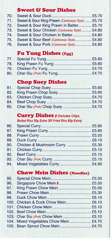 Menu of Winner Chinese Takeaway in Caernarfon