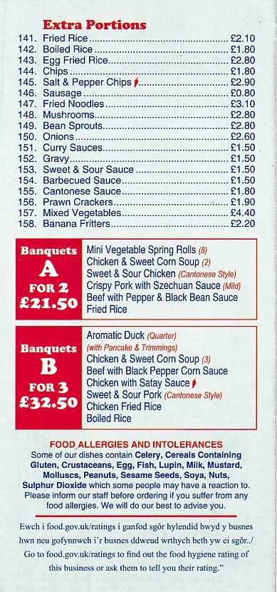 Menu of Winner Chinese Takeaway in Caernarfon