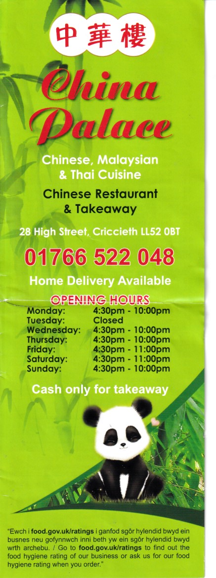 Menu of China Palace, Takeaway in Criccieth