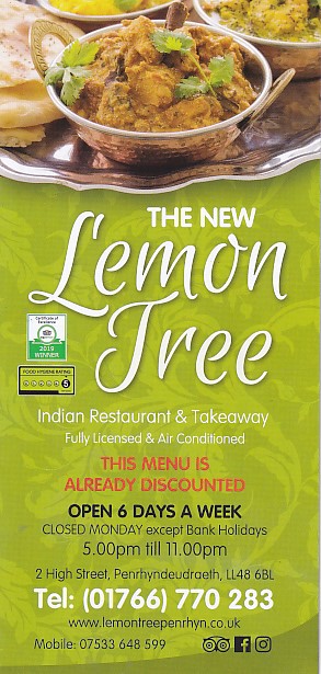 Menu of Lemon Tree Indian Takeaway,Penrhyndeudraeth