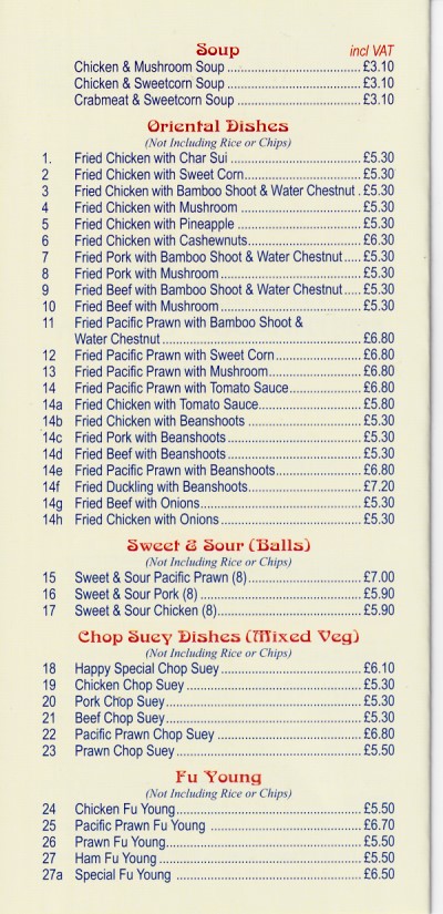 Menu of Happy Chop Suey House, Chinese Porthmadog