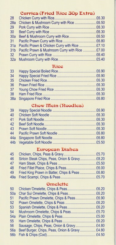 Menu of Happy Chop Suey House, Chinese Porthmadog