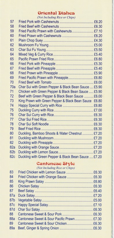 Menu of Happy Chop Suey House, Chinese Porthmadog