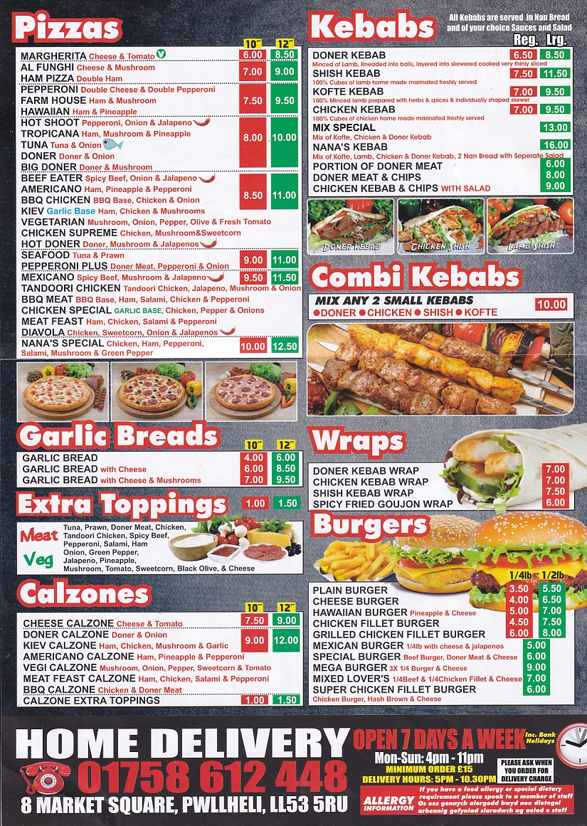 Menu of Nanas Pwllheli