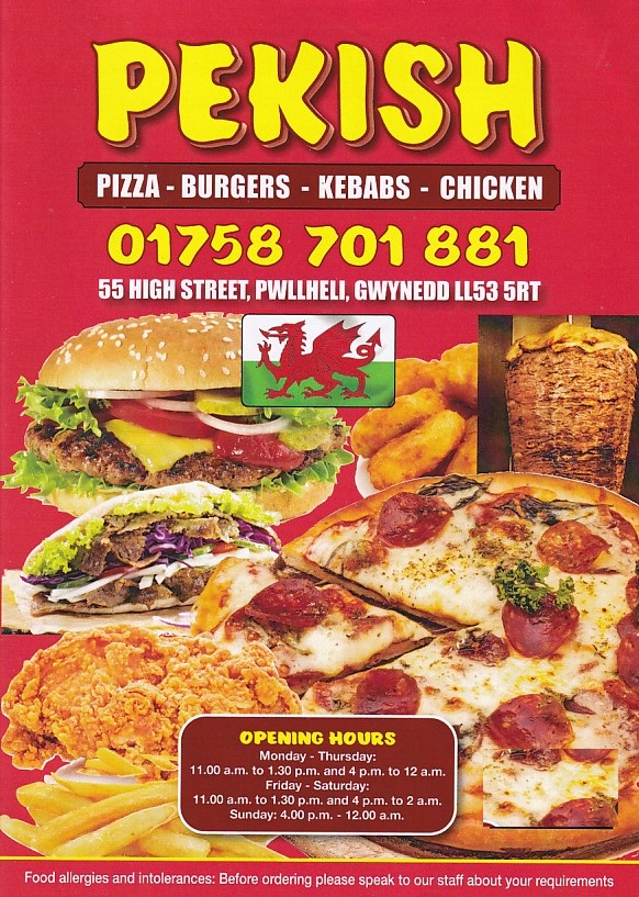 Menu of Pekish, Pizza, Kebab Takeaway, Pwllheli