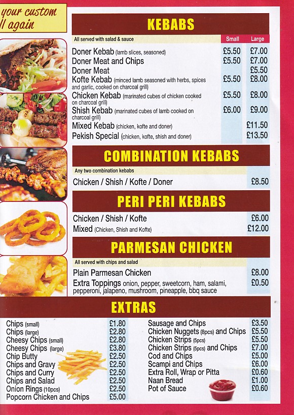 Menu of Pekish, Pizza, Kebab Takeaway, Pwllheli