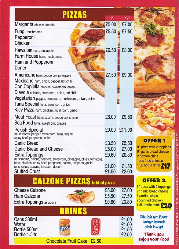 Menu of Pekish, Pizza, Kebab Takeaway, Pwllheli