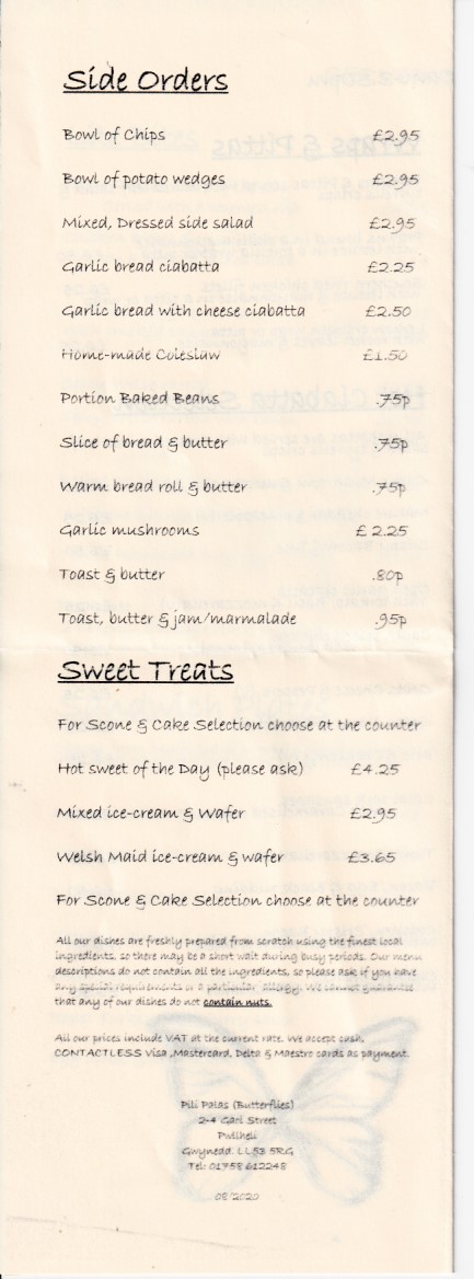 Menu of Pili Palas, Cafe in Pwllheli