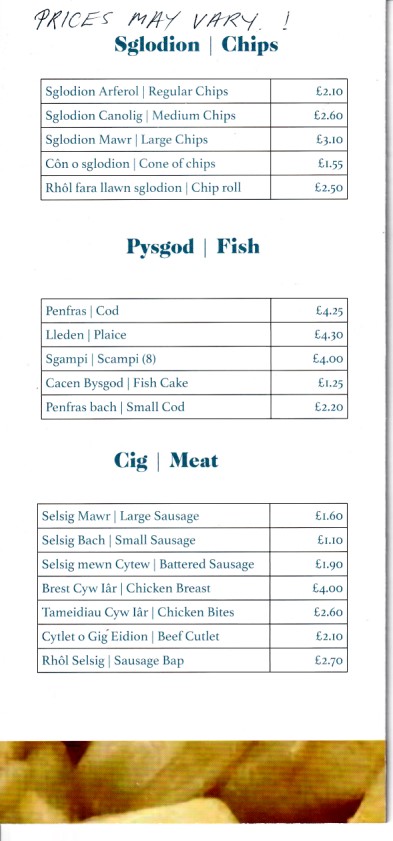 Menu of sglods gwens chips Morfa Nefen