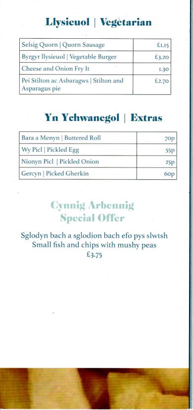 Menu of sglods gwens chips Morfa Nefen