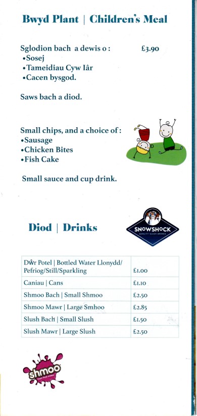 Menu of sglods gwens chips Morfa Nefen