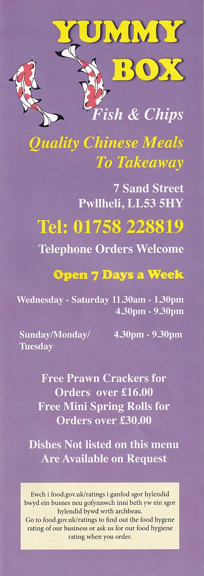 Menu of Yummy Box, Chinese Takeaway in Pwllheli