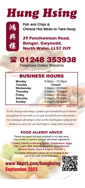 Menu of Hung Hsing Chinese Takeaway Bangor