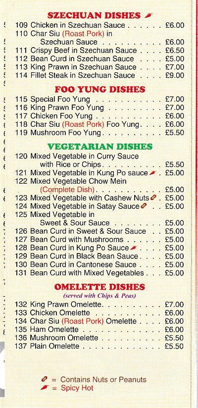 Menu of Yamin, Chinese Porthmadog