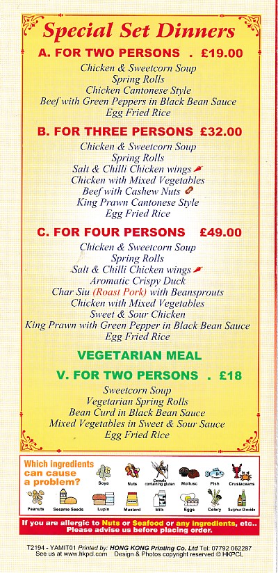 Menu of Happy Chop Suey House, Chinese Porthmadog