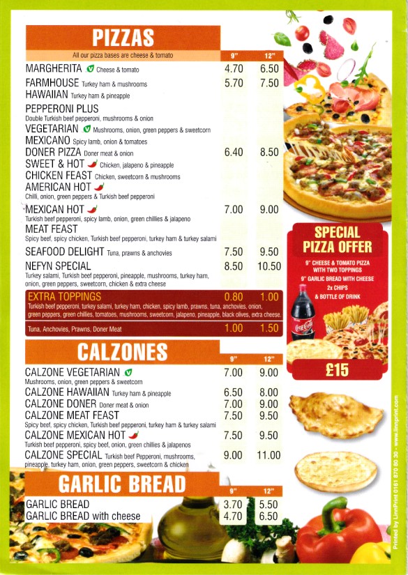 Menu of Nefyn Pizza Kebab